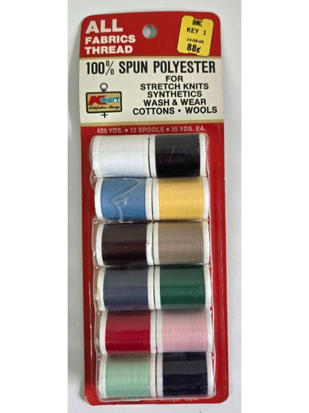 Vtg Kmart Spun Polyester Sewing Thread 12 Spools All Fabrics Retro Packaging